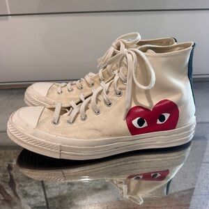 Comme des Garçon Converse Chuck Taylor High Top Sneakers Cream with Red Logo